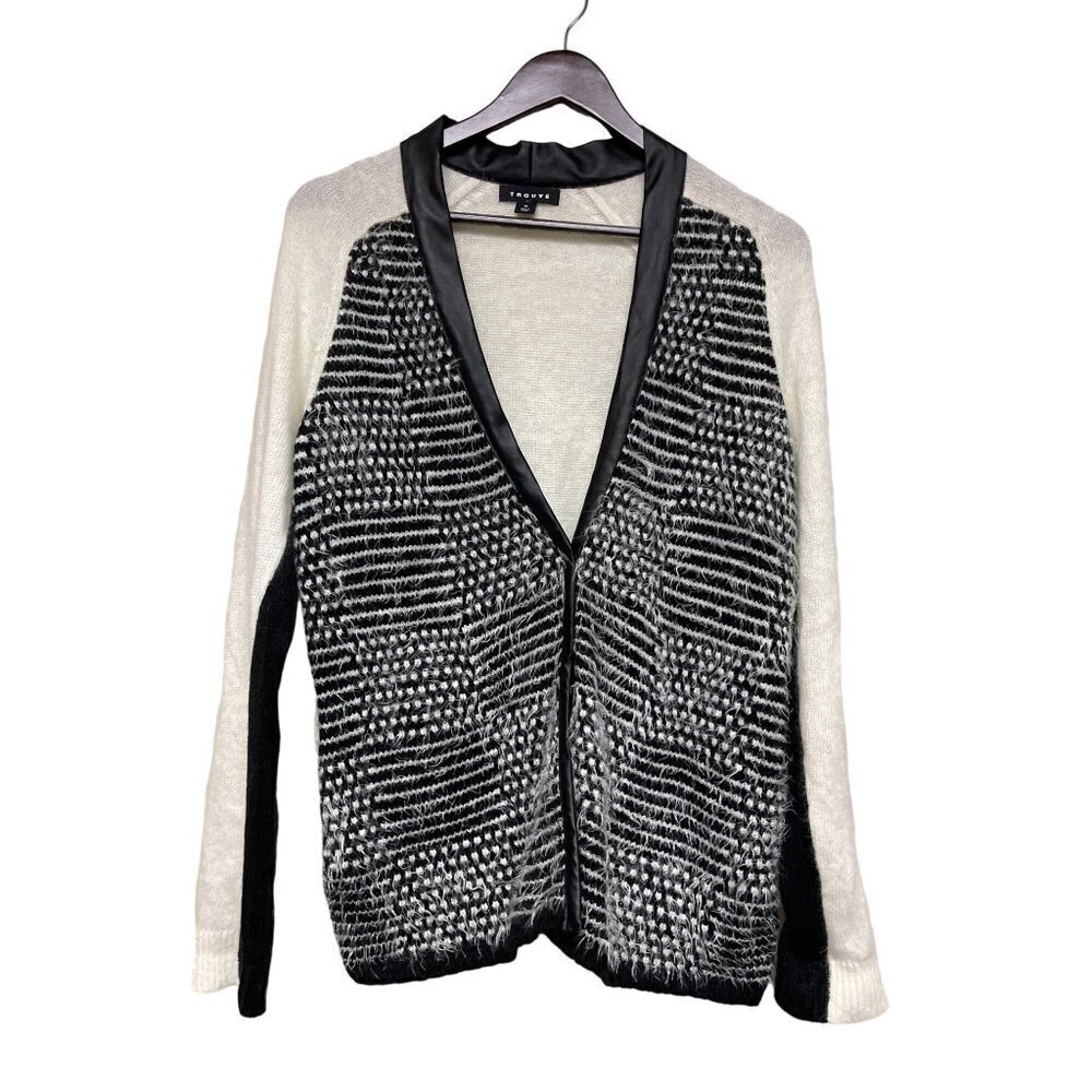 Trouve White Black Angora Faux Leather Trim Cardigan Sweater Women's Size Medium